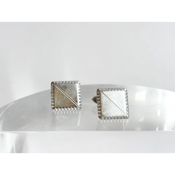 Art Deco Square Shaped Carved Sterling Silver Men's Classic Cuff Links - Picture 4 of 10